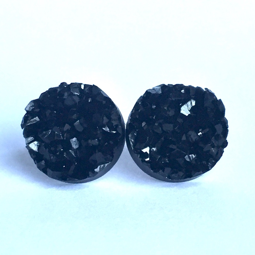 Druzy Large Black Round Stud Earrings